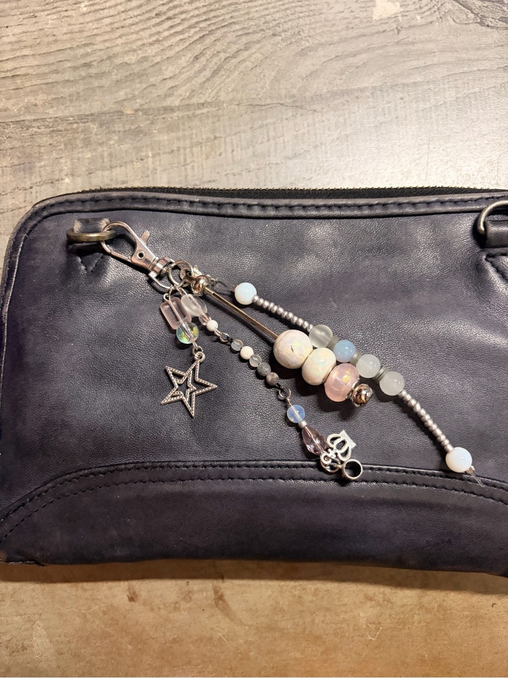 Handmade Beaded Star Charm Keychain - Iridescent White & Silver